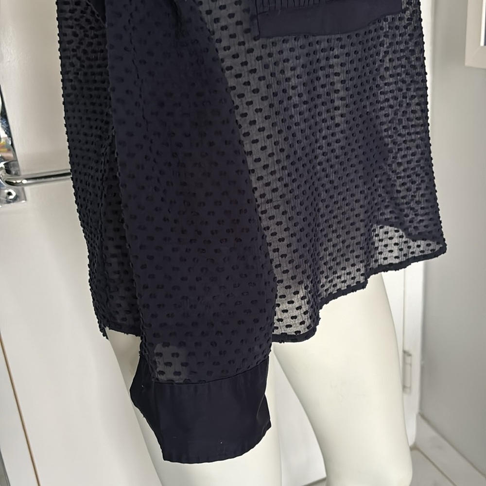 J. Crew Navy Pleated Swiss Dot Tuxedo Sheer Blouse - Picture 5 of 9
